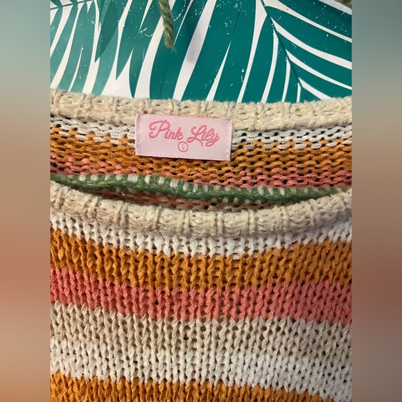 Pink Lily sweater sz L orange, white and pink striped knit - Picture 2 of 4